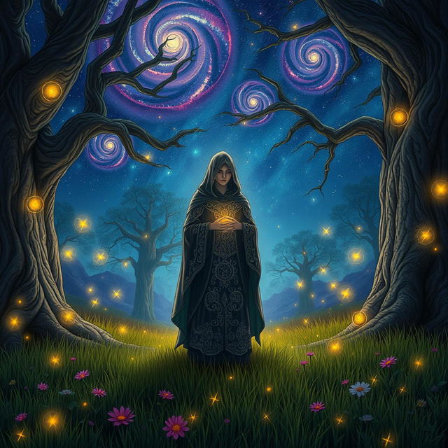 A mystical scene depicting an enigmatic character named Abin, standing under a canopy of stars in a tranquil forest