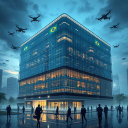 A detailed and futuristic depiction of the headquarters of the Brazilian Intelligence Agency, showcasing a modern architectural design blending glass and steel elements