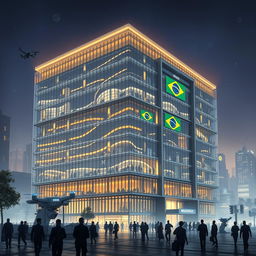 A detailed and futuristic depiction of the headquarters of the Brazilian Intelligence Agency, showcasing a modern architectural design blending glass and steel elements