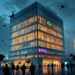 A detailed and futuristic depiction of the headquarters of the Brazilian Intelligence Agency, showcasing a modern architectural design blending glass and steel elements