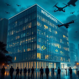 A detailed and futuristic depiction of the headquarters of the Brazilian Intelligence Agency, showcasing a modern architectural design blending glass and steel elements