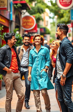 A vibrant and dynamic scene featuring two men and one woman in a lively urban setting