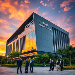 A sleek, modern building representing the Brazilian Intelligence Agency (Agência Brasileira de Inteligência) set against a vibrant sunset sky