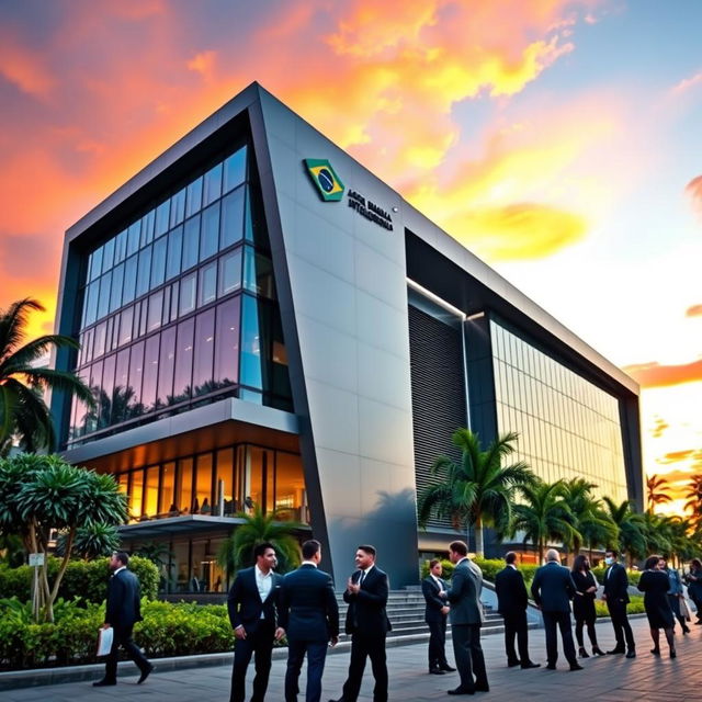 A sleek, modern building representing the Brazilian Intelligence Agency (Agência Brasileira de Inteligência) set against a vibrant sunset sky