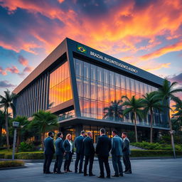A sleek, modern building representing the Brazilian Intelligence Agency (Agência Brasileira de Inteligência) set against a vibrant sunset sky