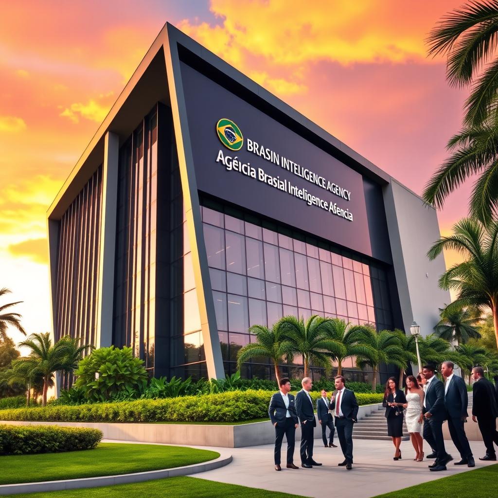 A sleek, modern building representing the Brazilian Intelligence Agency (Agência Brasileira de Inteligência) set against a vibrant sunset sky