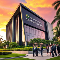 A sleek, modern building representing the Brazilian Intelligence Agency (Agência Brasileira de Inteligência) set against a vibrant sunset sky