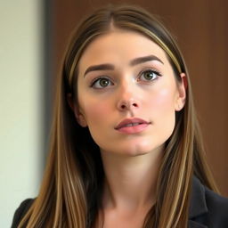 A 22-year-old woman with long brown hair featuring blonde highlights, fair skin, and brown eyebrows