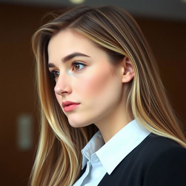 A 22-year-old woman with long brown hair featuring blonde highlights, fair skin, and brown eyebrows