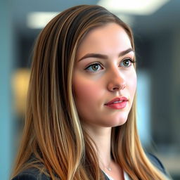 A 22-year-old woman with long brown hair featuring blonde highlights, fair skin, and brown eyebrows