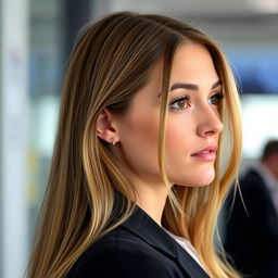 A 22-year-old woman with long brown hair featuring blonde highlights, fair skin, and brown eyebrows