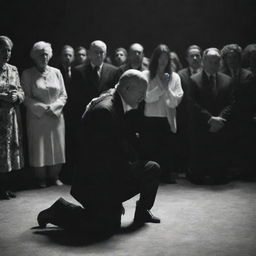 A vivid scene of some individuals kneeling in worship before a one-eyed man, creating a poignant contrast between fear and reverence.