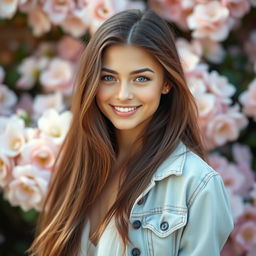 A stunning portrait of a beautiful young woman with long, flowing brunette hair and captivating hazel eyes, set against a soft-focus background of pastel-colored flowers