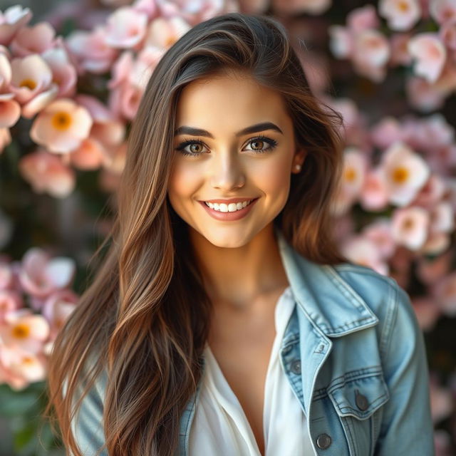 A stunning portrait of a beautiful young woman with long, flowing brunette hair and captivating hazel eyes, set against a soft-focus background of pastel-colored flowers