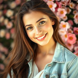 A stunning portrait of a beautiful young woman with long, flowing brunette hair and captivating hazel eyes, set against a soft-focus background of pastel-colored flowers