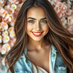 A stunning portrait of a beautiful young woman with long, flowing brunette hair and captivating hazel eyes, set against a soft-focus background of pastel-colored flowers