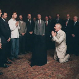 A vivid scene of some individuals kneeling in worship before a one-eyed man, creating a poignant contrast between fear and reverence.