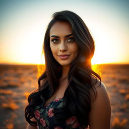 A stunning portrait of a beautiful woman named Maria Fernanda Lourenço, with long, wavy dark hair cascading down her shoulders