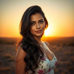A stunning portrait of a beautiful woman named Maria Fernanda Lourenço, with long, wavy dark hair cascading down her shoulders