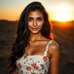 A stunning portrait of a beautiful woman named Maria Fernanda Lourenço, with long, wavy dark hair cascading down her shoulders