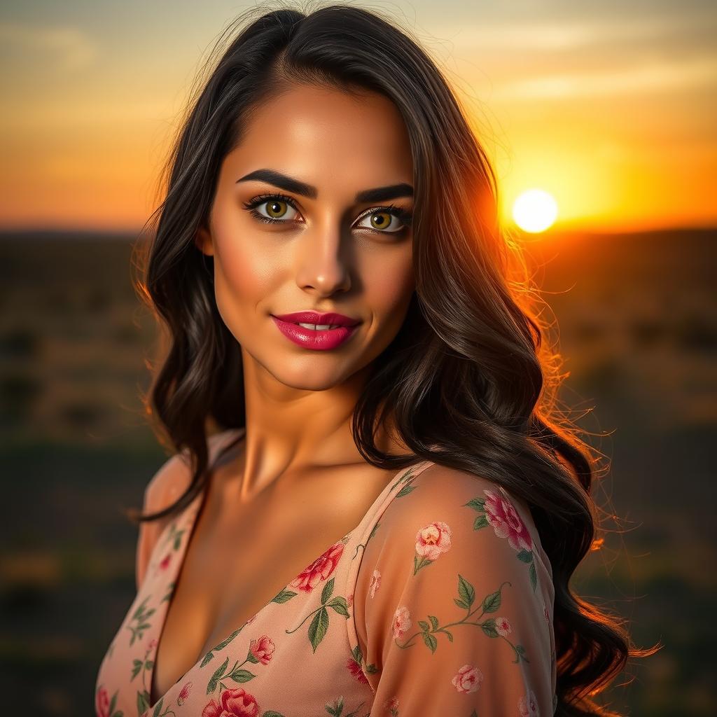 A stunning portrait of a beautiful woman named Maria Fernanda Lourenço, with long, wavy dark hair cascading down her shoulders