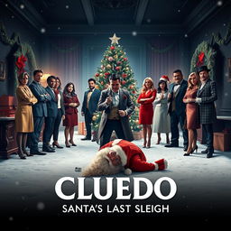 A cinematic film poster for a fictional movie titled 'Cluedo: Santa's Last Sleigh'