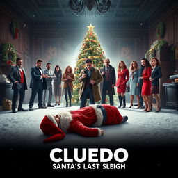 A cinematic film poster for a fictional movie titled 'Cluedo: Santa's Last Sleigh'