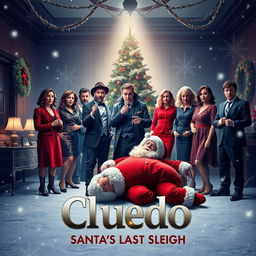 A cinematic film poster for a fictional movie titled 'Cluedo: Santa's Last Sleigh'