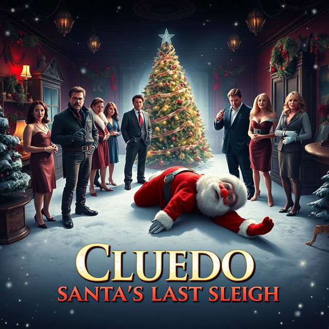 A cinematic film poster for a fictional movie titled 'Cluedo: Santa's Last Sleigh'