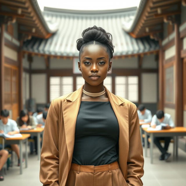 A beautiful African woman, radiating elegance and confidence, stands in a traditional Korean school setting