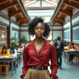 A beautiful African woman, radiating elegance and confidence, stands in a traditional Korean school setting