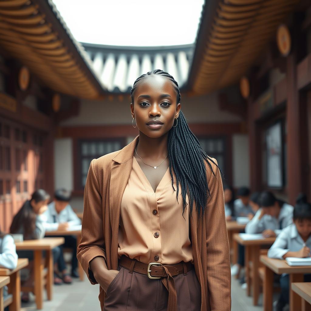 A beautiful African woman, radiating elegance and confidence, stands in a traditional Korean school setting