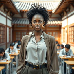 A beautiful African woman, radiating elegance and confidence, stands in a traditional Korean school setting