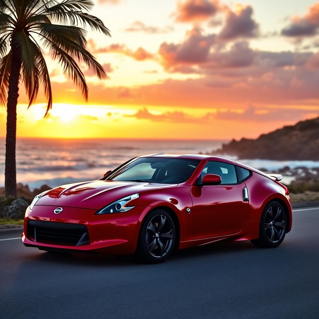 A sleek Nissan 370Z parked on a scenic coastal road