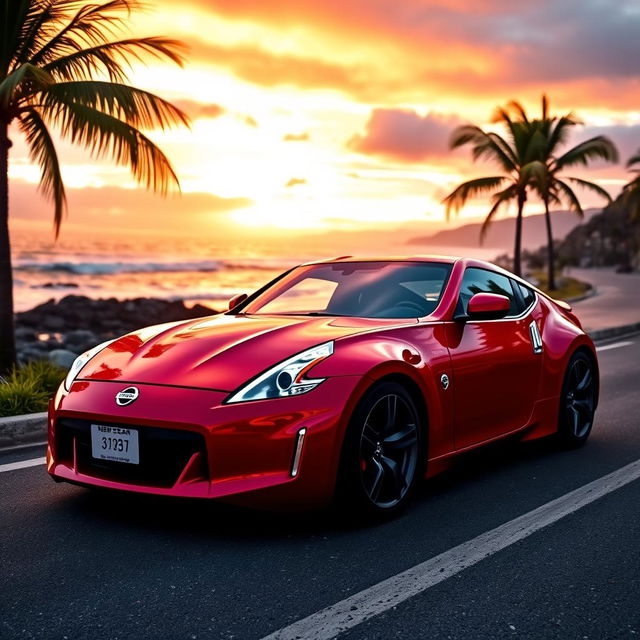 A sleek Nissan 370Z parked on a scenic coastal road