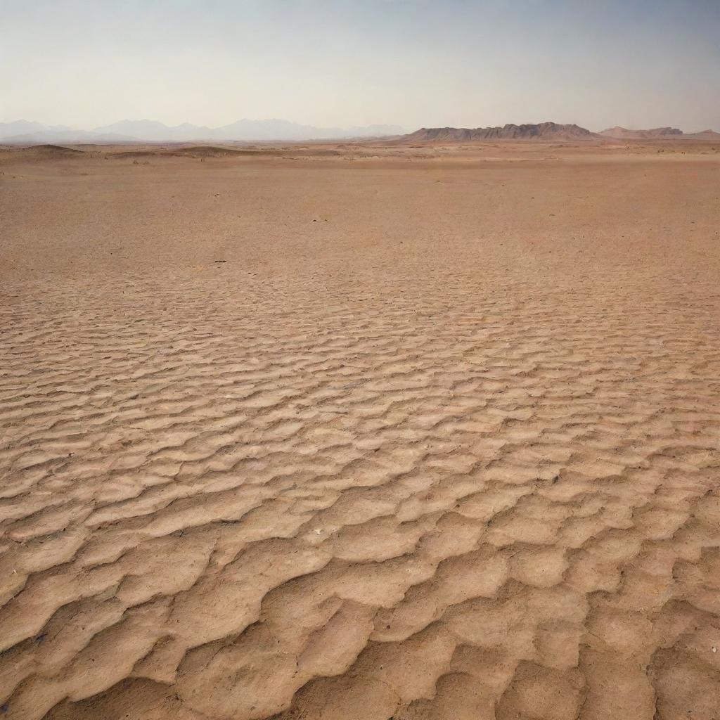 A global desert landscape, devoid of water, under a scorching sun for 30 days.