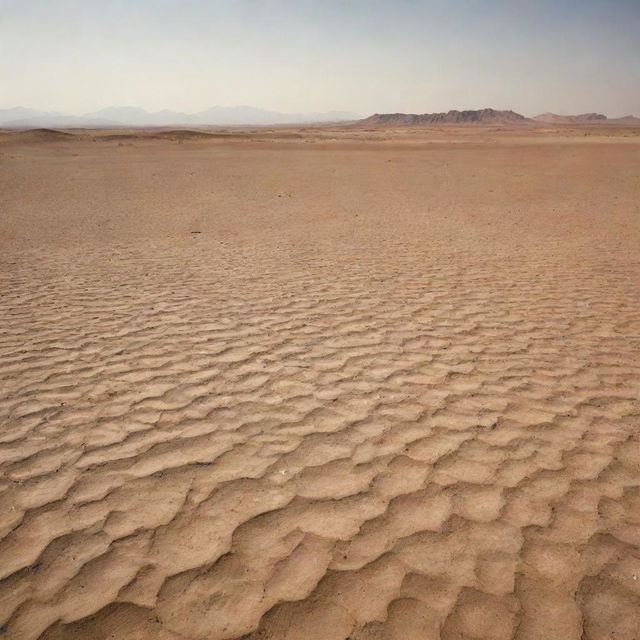 A global desert landscape, devoid of water, under a scorching sun for 30 days.