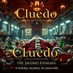 A cinematic poster for the film 'Cluedo: The Jacomo Enigma', featuring a gripping and atmospheric scene set in a luxurious perfume factory named Jacomo