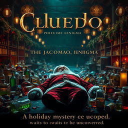 A cinematic poster for the film 'Cluedo: The Jacomo Enigma', featuring a gripping and atmospheric scene set in a luxurious perfume factory named Jacomo