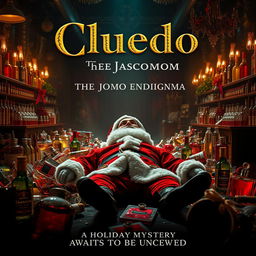 A cinematic poster for the film 'Cluedo: The Jacomo Enigma', featuring a gripping and atmospheric scene set in a luxurious perfume factory named Jacomo