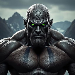 A powerful male figure resembling a Goliath, characterized by lithodermed skin that appears rock-like and textured