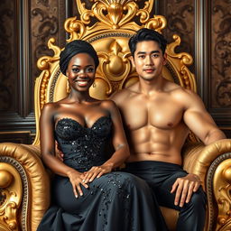 A majestic and smiling African woman, elegantly dressed in a form-fitting black gown adorned with black sequins, sits regally on a luxurious golden throne