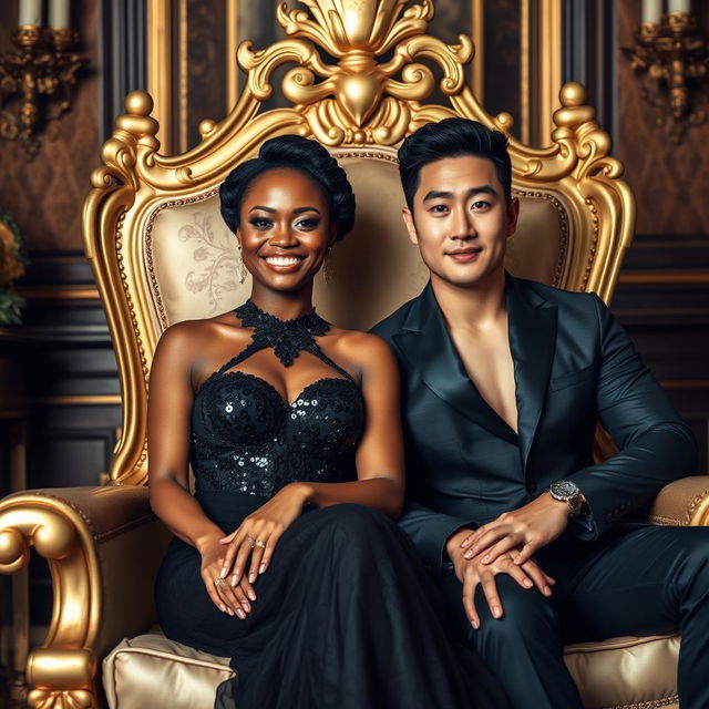 A majestic and smiling African woman, elegantly dressed in a form-fitting black gown adorned with black sequins, sits regally on a luxurious golden throne