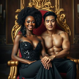 A majestic and smiling African woman, elegantly dressed in a form-fitting black gown adorned with black sequins, sits regally on a luxurious golden throne