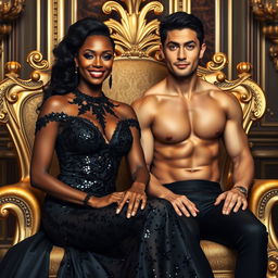 A majestic and smiling African woman, elegantly dressed in a form-fitting black gown adorned with black sequins, sits regally on a luxurious golden throne