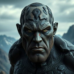 A powerful male figure resembling a Goliath, characterized by lithodermed skin that appears rock-like and textured