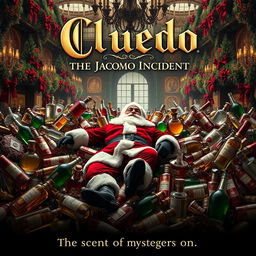 A gripping film poster for 'Cluedo: The Jacomo Incident', featuring an intricate scene set in a luxurious perfume factory named Jacomo