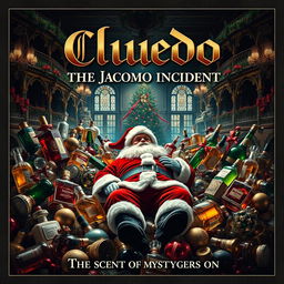 A gripping film poster for 'Cluedo: The Jacomo Incident', featuring an intricate scene set in a luxurious perfume factory named Jacomo