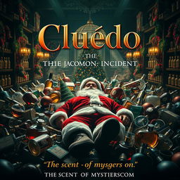 A gripping film poster for 'Cluedo: The Jacomo Incident', featuring an intricate scene set in a luxurious perfume factory named Jacomo