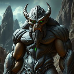 A powerful male Goliath figure, showcasing a unique appearance with lithodermed skin that mimics the texture of rugged stone